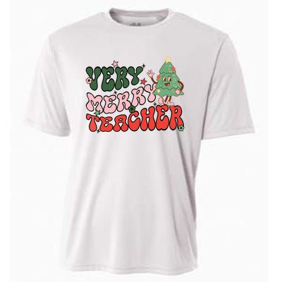 Retro Teacher Christmas Shirts Very Merry Teacher Cooling Performance Crew T-Shirt