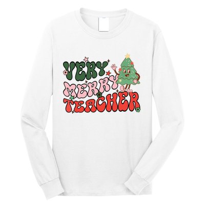 Retro Teacher Christmas Shirts Very Merry Teacher Long Sleeve Shirt