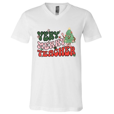 Retro Teacher Christmas Shirts Very Merry Teacher V-Neck T-Shirt