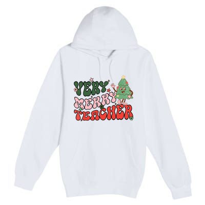 Retro Teacher Christmas Shirts Very Merry Teacher Premium Pullover Hoodie