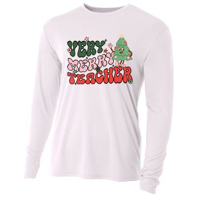 Retro Teacher Christmas Shirts Very Merry Teacher Cooling Performance Long Sleeve Crew