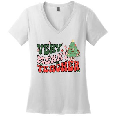 Retro Teacher Christmas Shirts Very Merry Teacher Women's V-Neck T-Shirt