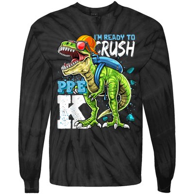 Ready To Crush PreK T Rex Dinosaur Back To School Boy Gift Tie-Dye Long Sleeve Shirt