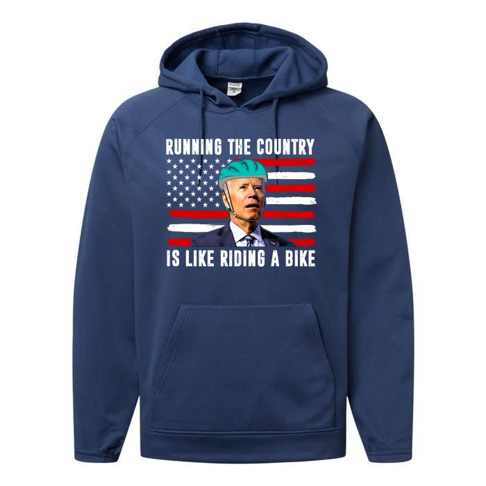 Running The Country Is Like Riding A Bike Funny Biden Performance Fleece Hoodie