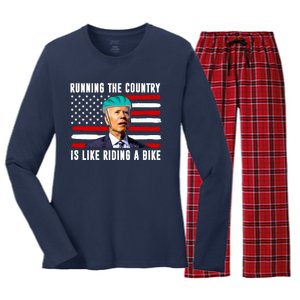 Running The Country Is Like Riding A Bike Funny Biden Women's Long Sleeve Flannel Pajama Set 