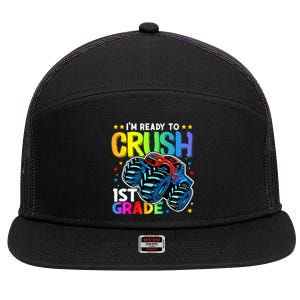 Ready To Crush First Grade 1st Day Of School Monster Truck Gift 7 Panel Mesh Trucker Snapback Hat