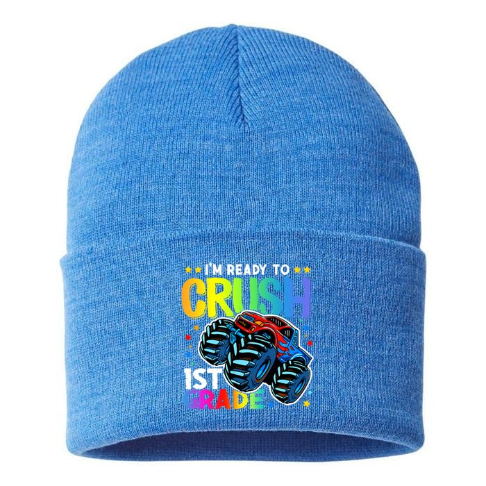 Ready To Crush First Grade 1st Day Of School Monster Truck Gift Sustainable Knit Beanie