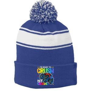 Ready To Crush First Grade 1st Day Of School Monster Truck Gift Stripe Pom Pom Beanie