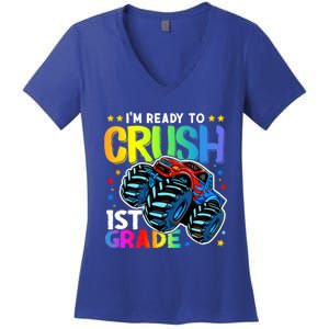 Ready To Crush First Grade 1st Day Of School Monster Truck Gift Women's V-Neck T-Shirt