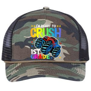 Ready To Crush First Grade 1st Day Of School Monster Truck Gift Retro Rope Trucker Hat Cap