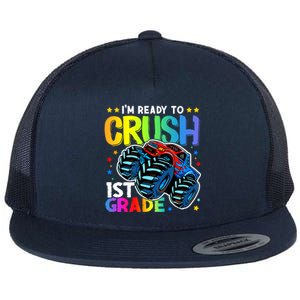 Ready To Crush First Grade 1st Day Of School Monster Truck Gift Flat Bill Trucker Hat