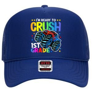 Ready To Crush First Grade 1st Day Of School Monster Truck Gift High Crown Mesh Back Trucker Hat