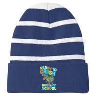 Ready to Crush First Day of Nursery School Dinosaur T Rex Striped Beanie with Solid Band