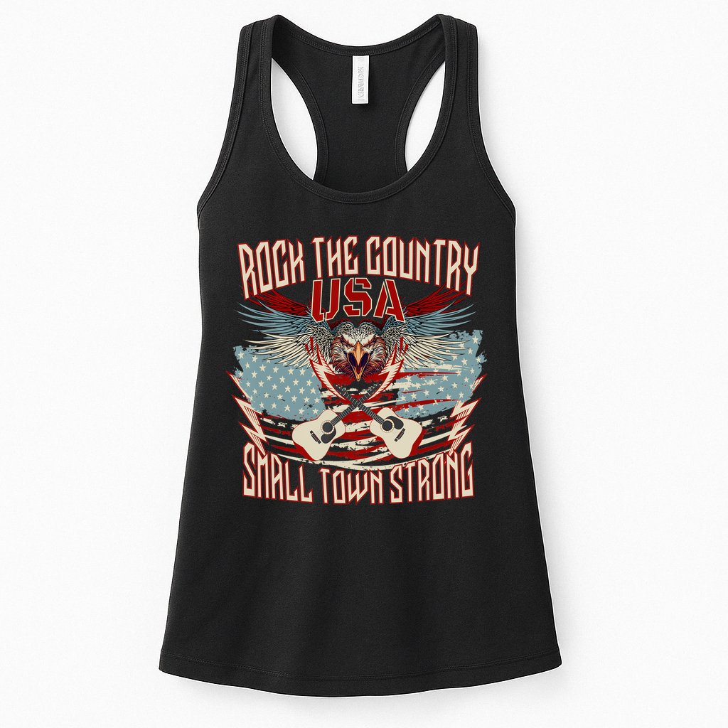 Rock The Country Music Small Town Strong America Flag Eagle Womens Tank Top