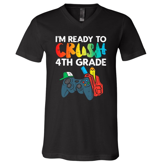 Ready To Crush 4th Grade Fourth Video Gamer First Day Boys V-Neck T-Shirt