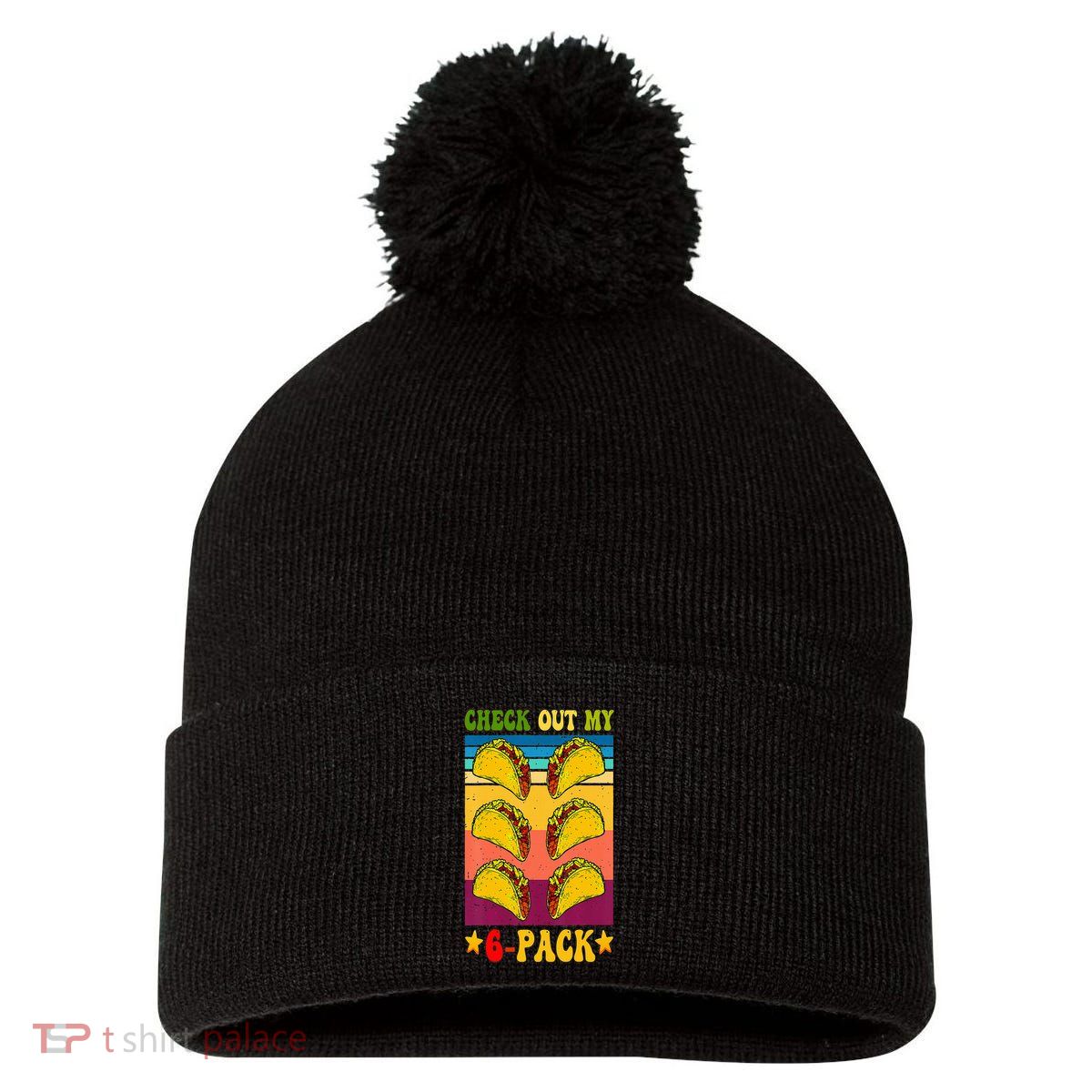 Retro Taco Check Out My 6 Pack Six Pack Mexican Groovy Pom Pom 12in Knit Beanie