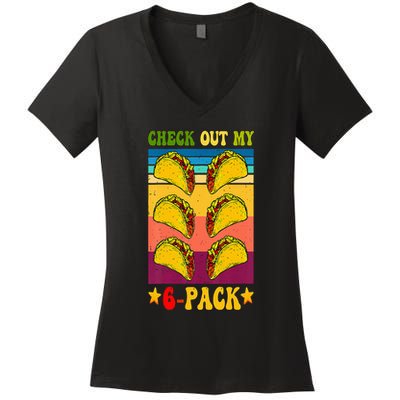 Retro Taco Check Out My 6 Pack Six Pack Mexican Groovy Women's V-Neck T-Shirt