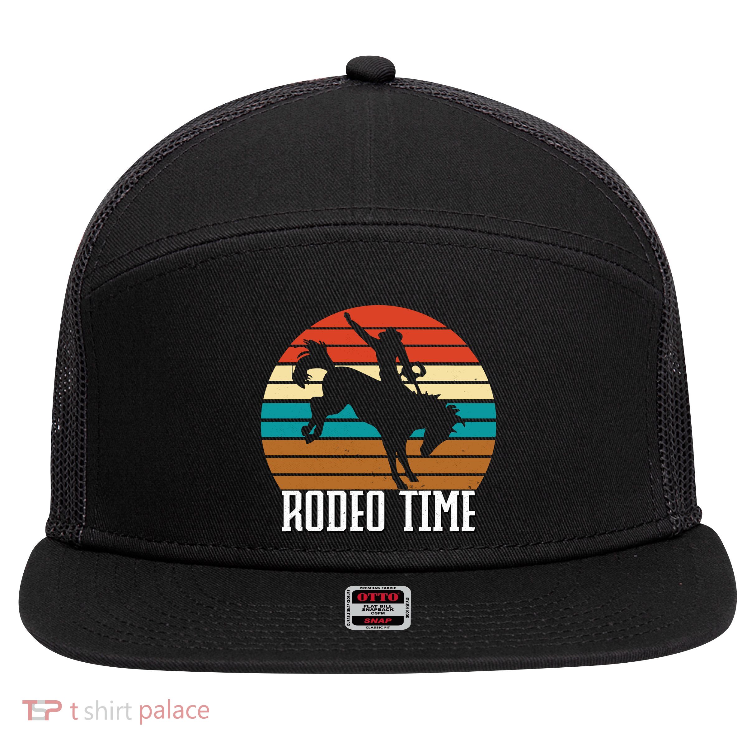 Rodeo Time Cowboy Wranglers Bucking Horse Retro Sunset 7 Panel Mesh Trucker Snapback Hat