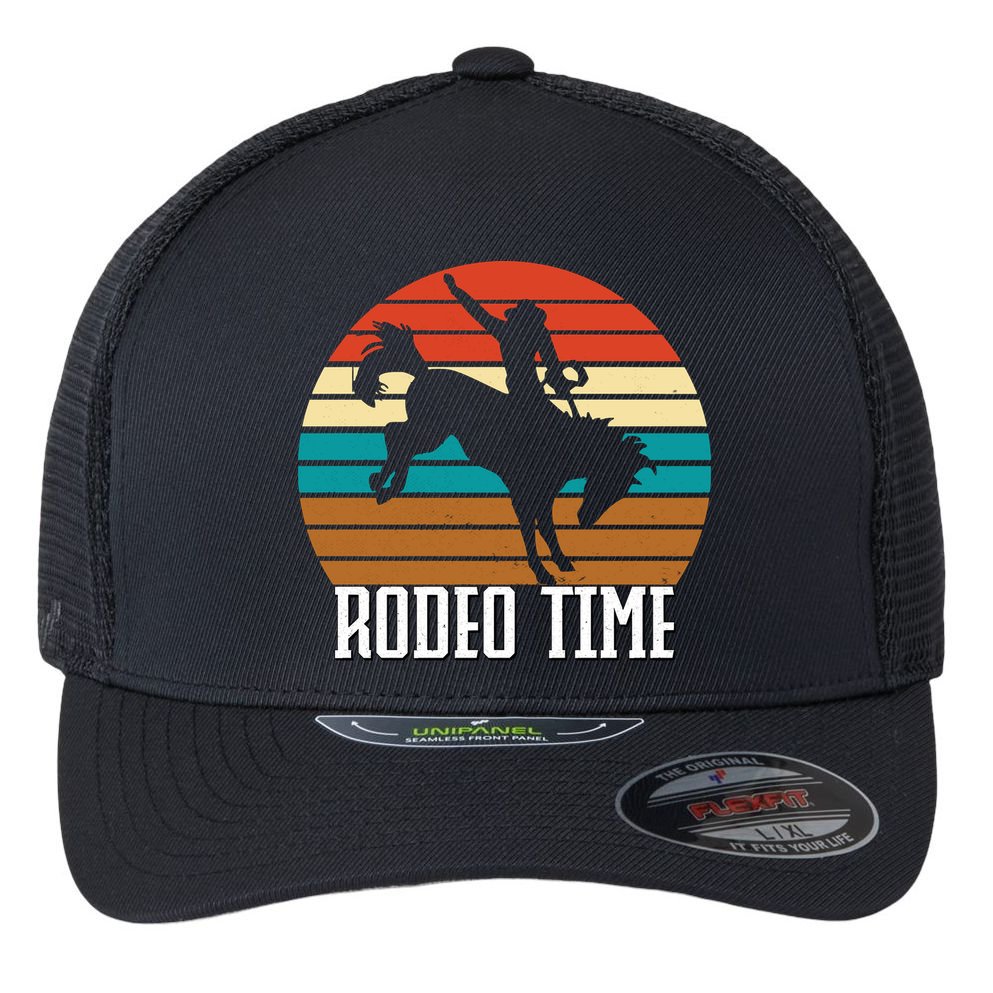 Rodeo Time Cowboy Wranglers Bucking Horse Retro Sunset Flexfit Unipanel Trucker Cap