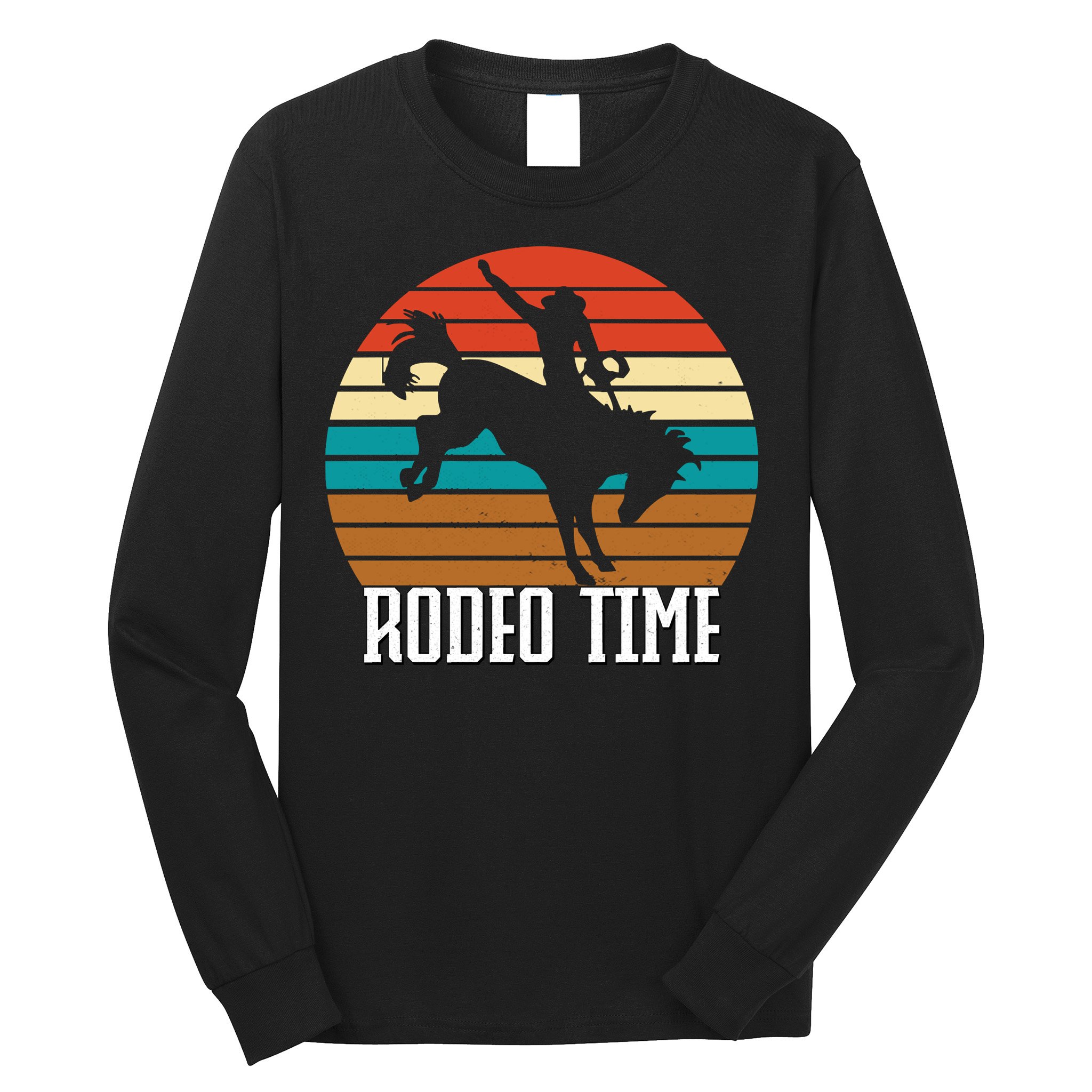 Rodeo Time Cowboy Wranglers Bucking Horse Retro Sunset Long Sleeve Shirt