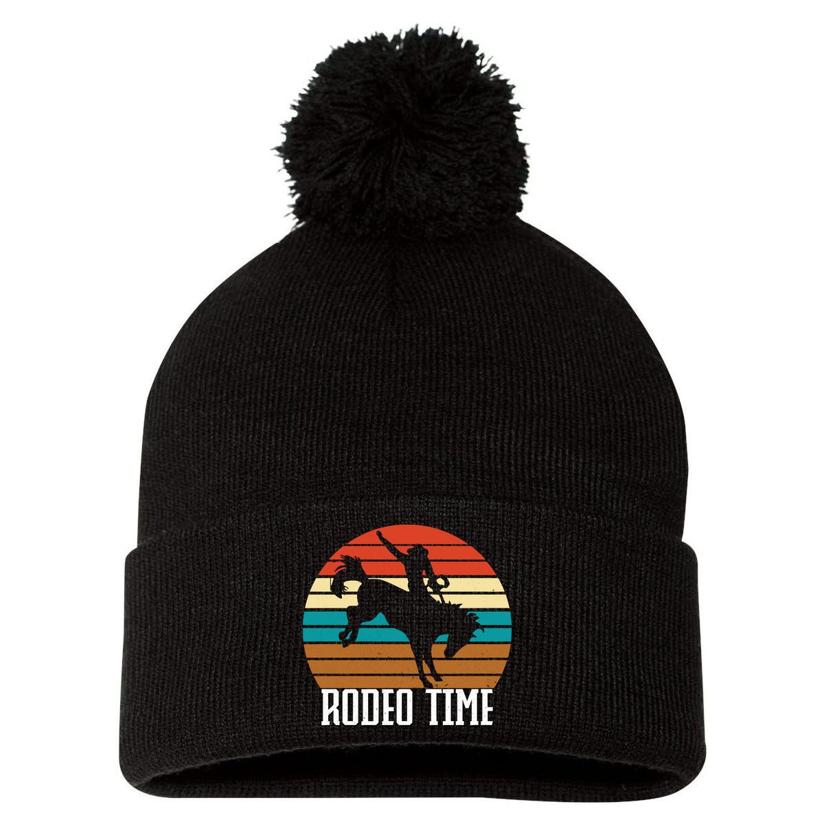 Rodeo Time Cowboy Wranglers Bucking Horse Retro Sunset Pom Pom 12in Knit Beanie