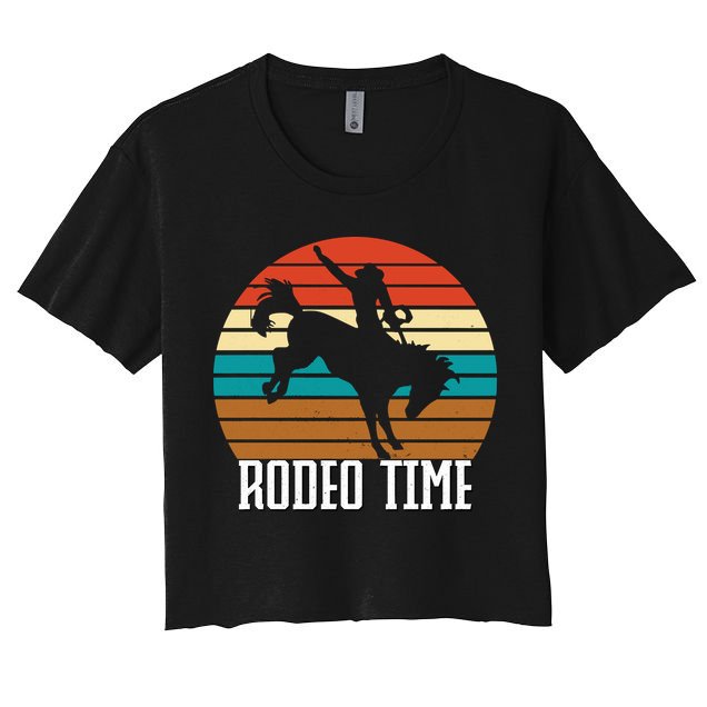 Rodeo Time Cowboy Wranglers Bucking Horse Retro Sunset Crop Top
