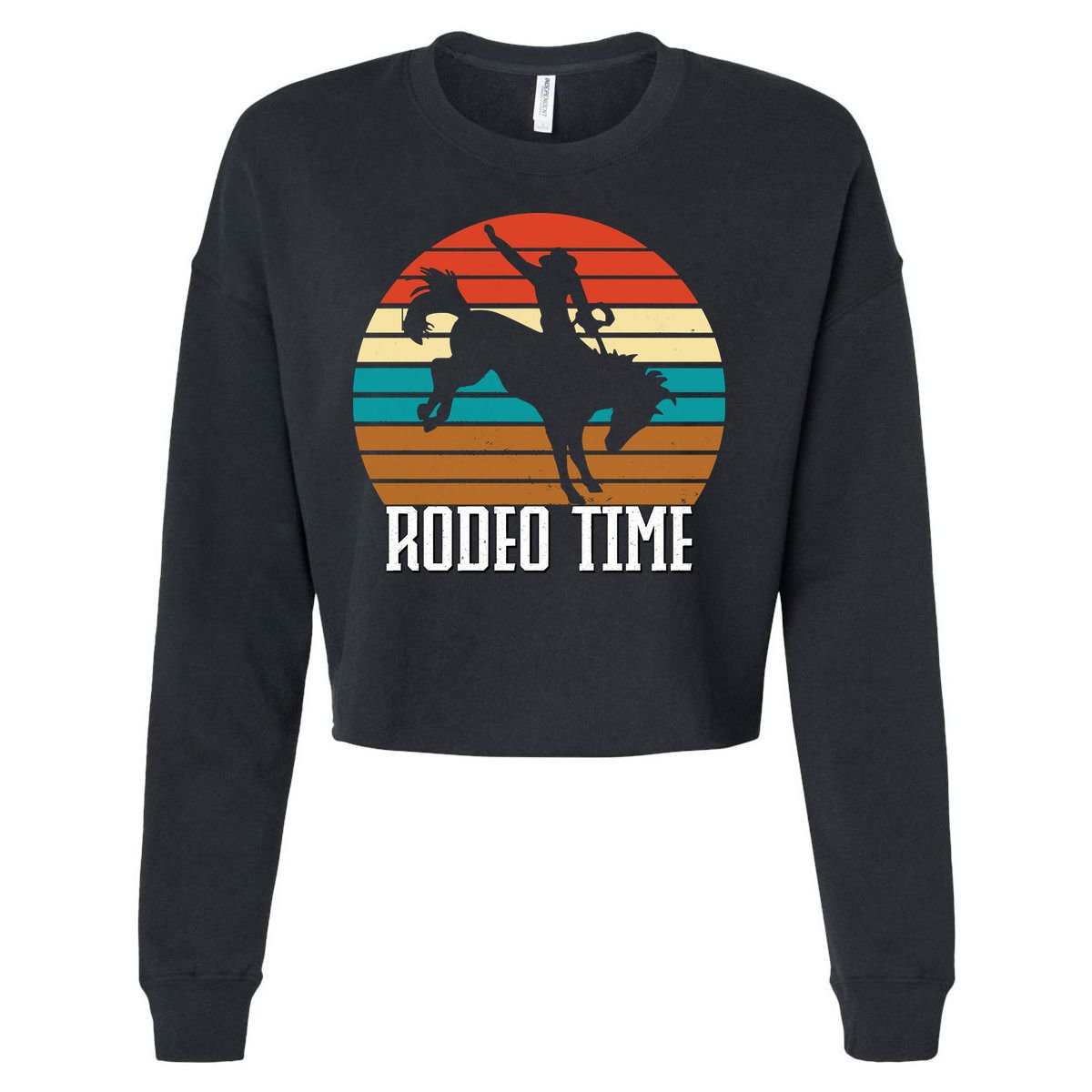 Rodeo Time Cowboy Wranglers Bucking Horse Retro Sunset Cropped Pullover Crew