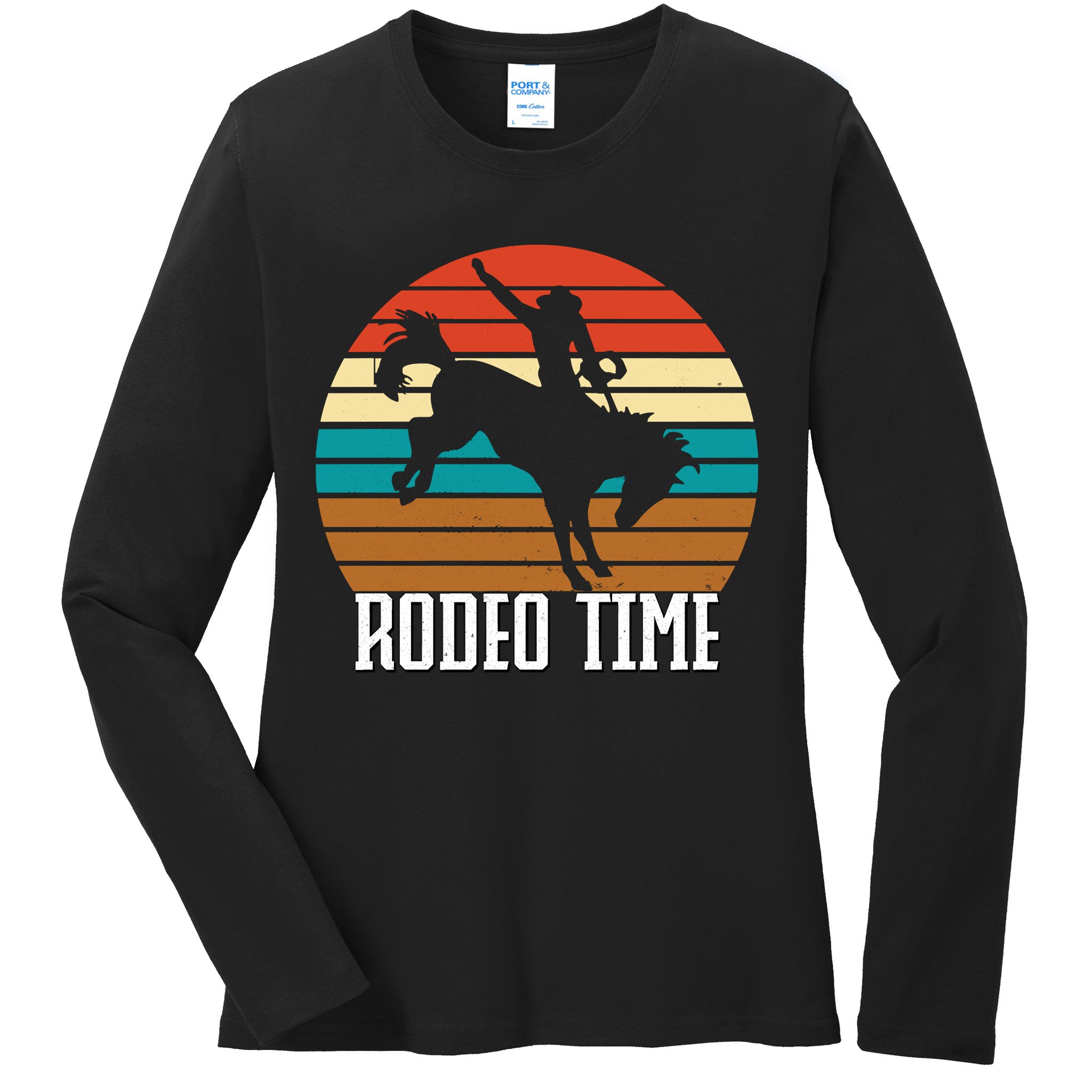 Rodeo Time Cowboy Wranglers Bucking Horse Retro Sunset Ladies Long Sleeve Shirt
