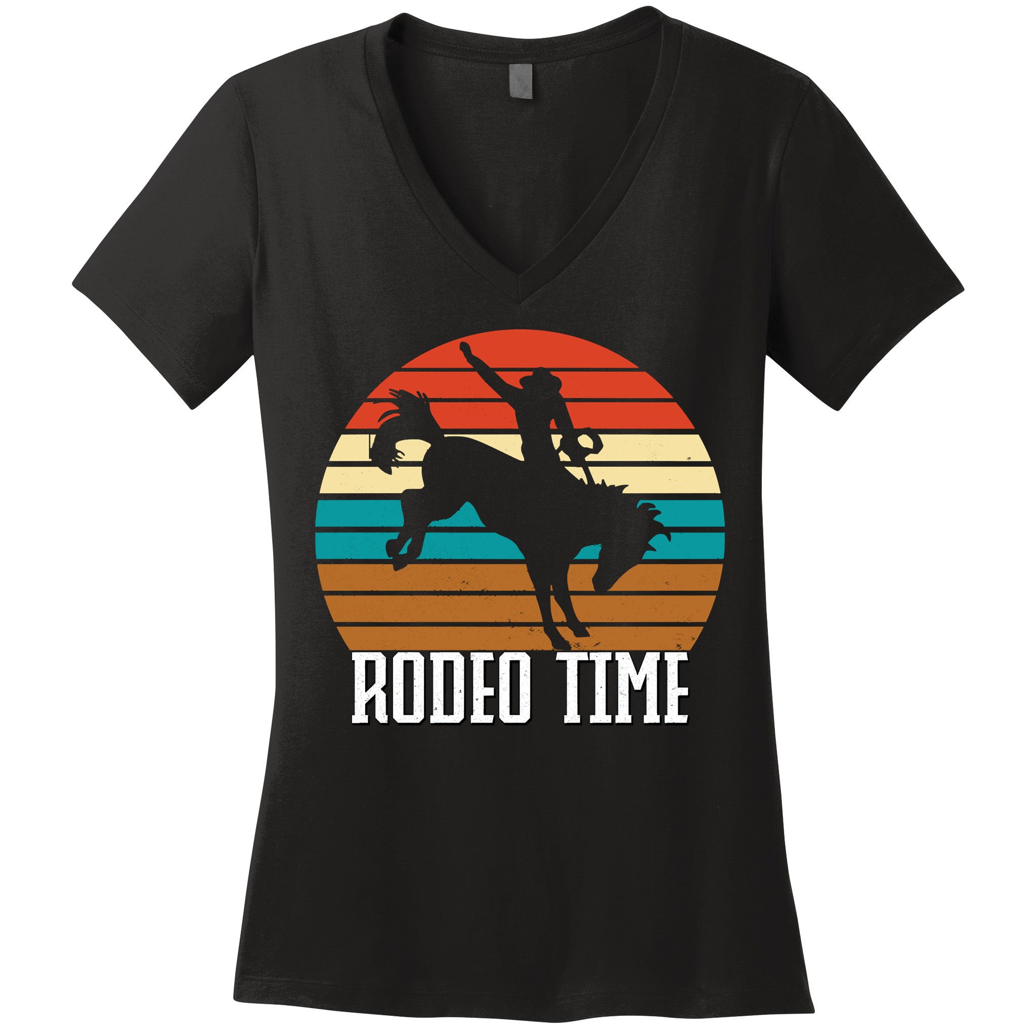 Rodeo Time Cowboy Wranglers Bucking Horse Retro Sunset Women's V-Neck T-Shirt