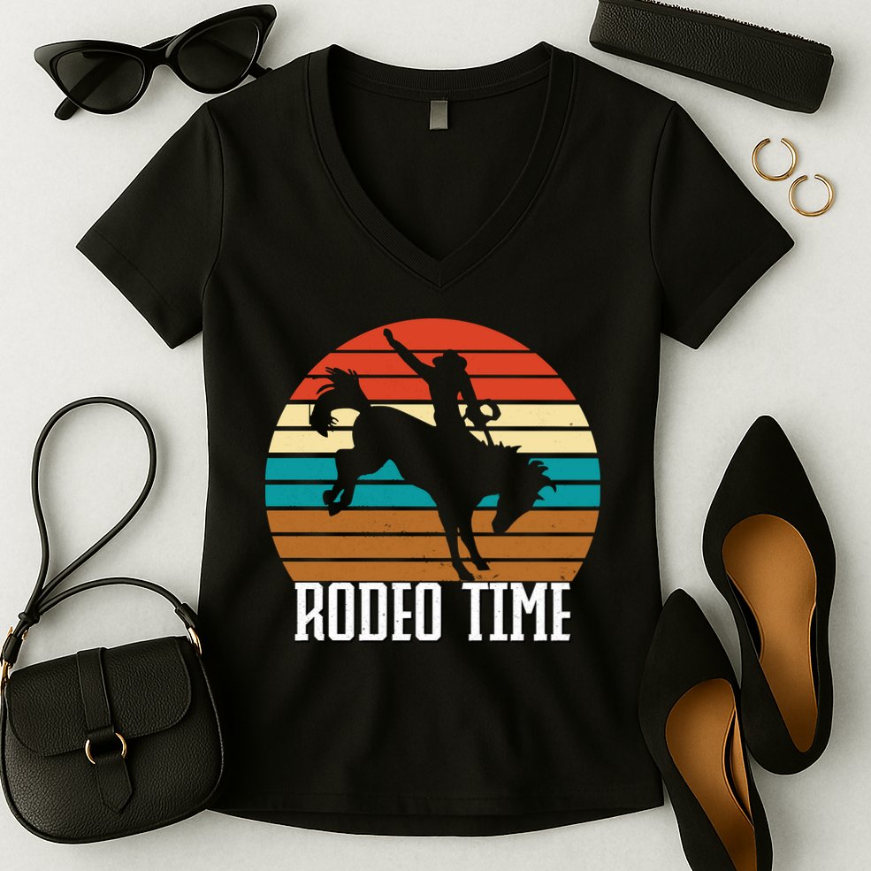 Rodeo Time Cowboy Wranglers Bucking Horse Retro Sunset Women's V-Neck T-Shirt