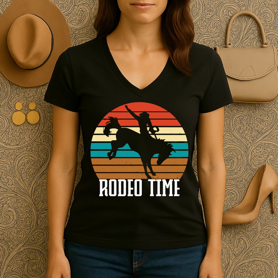 Rodeo Time Cowboy Wranglers Bucking Horse Retro Sunset Women's V-Neck T-Shirt