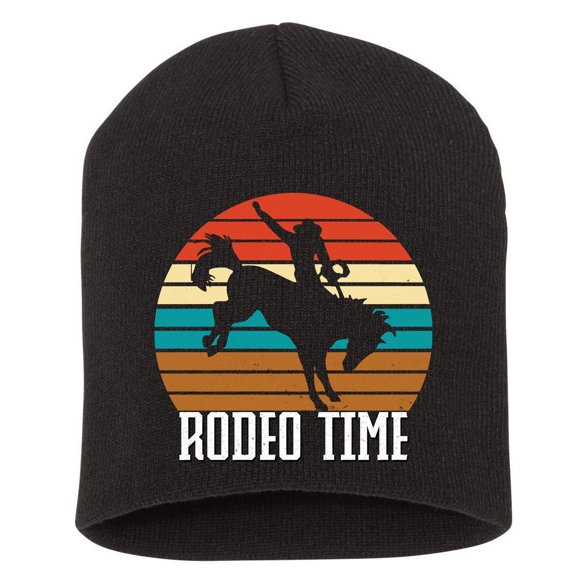 Rodeo Time Cowboy Wranglers Bucking Horse Retro Sunset Short Acrylic Beanie