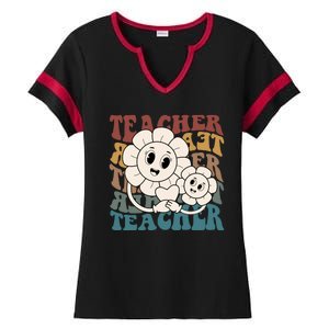 Retro Teacher Cute Gift Sunflower Heart Ladies Halftime Notch Neck Tee