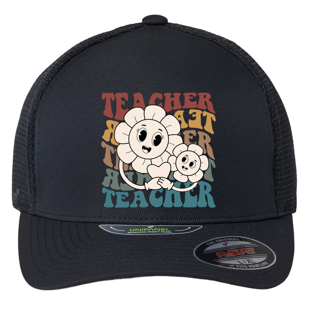 Retro Teacher Cute Gift Sunflower Heart Flexfit Unipanel Trucker Cap