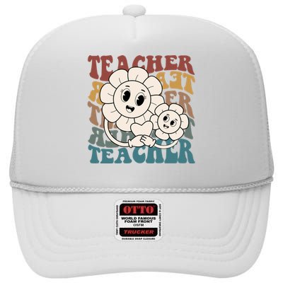 Retro Teacher Cute Gift Sunflower Heart High Crown Mesh Back Trucker Hat