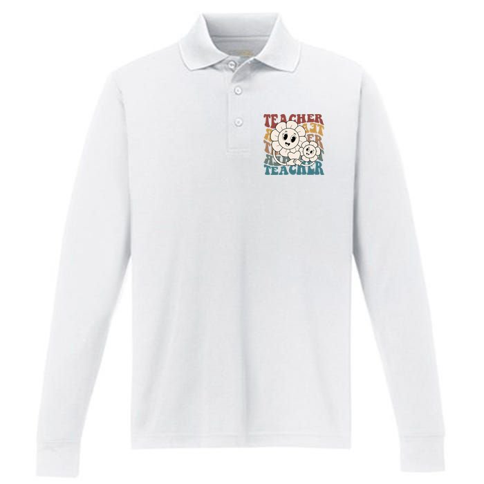 Retro Teacher Cute Gift Sunflower Heart Performance Long Sleeve Polo