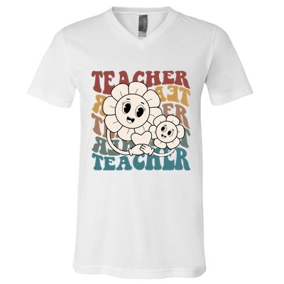 Retro Teacher Cute Gift Sunflower Heart V-Neck T-Shirt