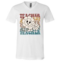 Retro Teacher Cute Gift Sunflower Heart V-Neck T-Shirt