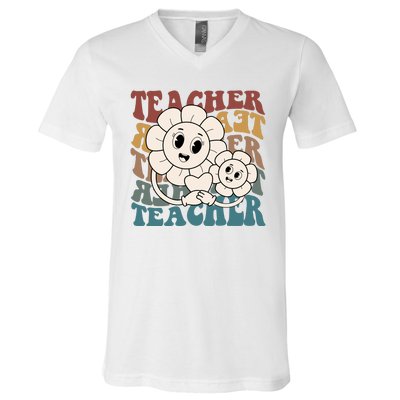 Retro Teacher Cute Gift Sunflower Heart V-Neck T-Shirt