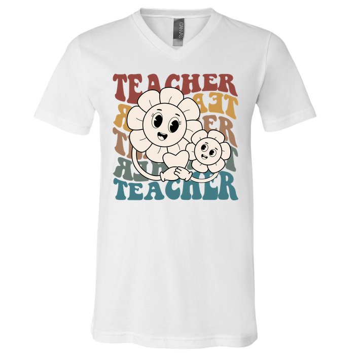 Retro Teacher Cute Gift Sunflower Heart V-Neck T-Shirt