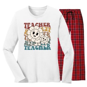 Retro Teacher Cute Gift Sunflower Heart Women's Long Sleeve Flannel Pajama Set 