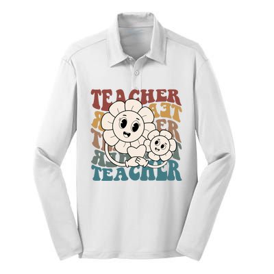 Retro Teacher Cute Gift Sunflower Heart Silk Touch Performance Long Sleeve Polo