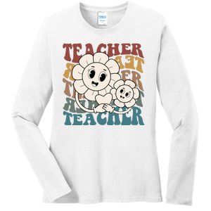 Retro Teacher Cute Gift Sunflower Heart Ladies Long Sleeve Shirt