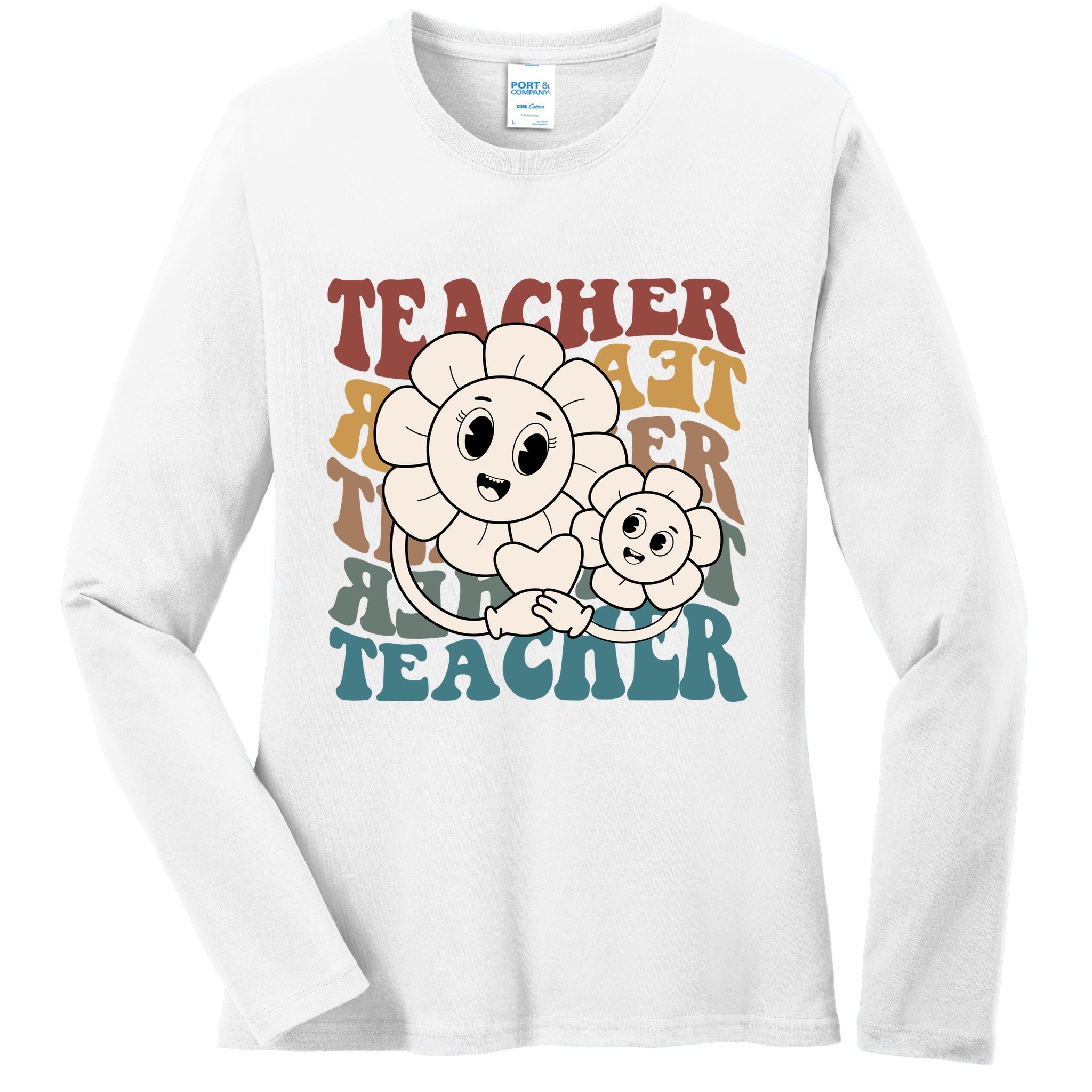 Retro Teacher Cute Gift Sunflower Heart Ladies Long Sleeve Shirt