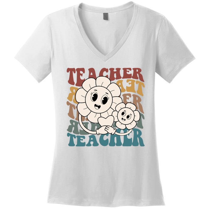 Retro Teacher Cute Gift Sunflower Heart Women's V-Neck T-Shirt