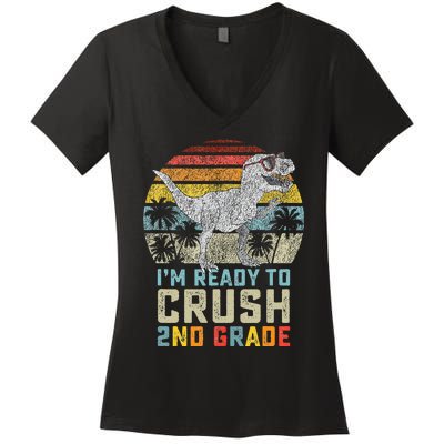 Ready To Crush Second 2nd Grade Dinosaur Back To School Women's V-Neck T-Shirt