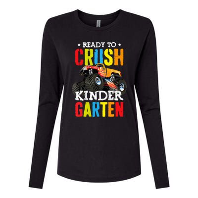 Ready To Crush Kindergarten Boy Monster Truck Back To School Womens Cotton Relaxed Long Sleeve T-Shirt