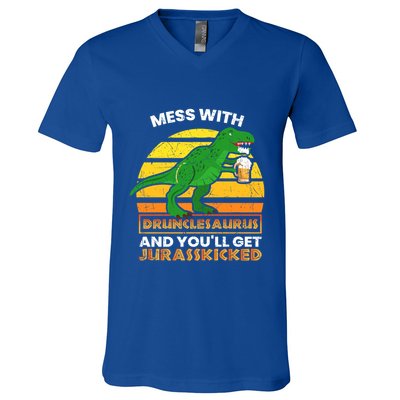 Retro Tgiftrex Druncle Drunclesaurus Slogan Funny Unclesaurus Gift V-Neck T-Shirt