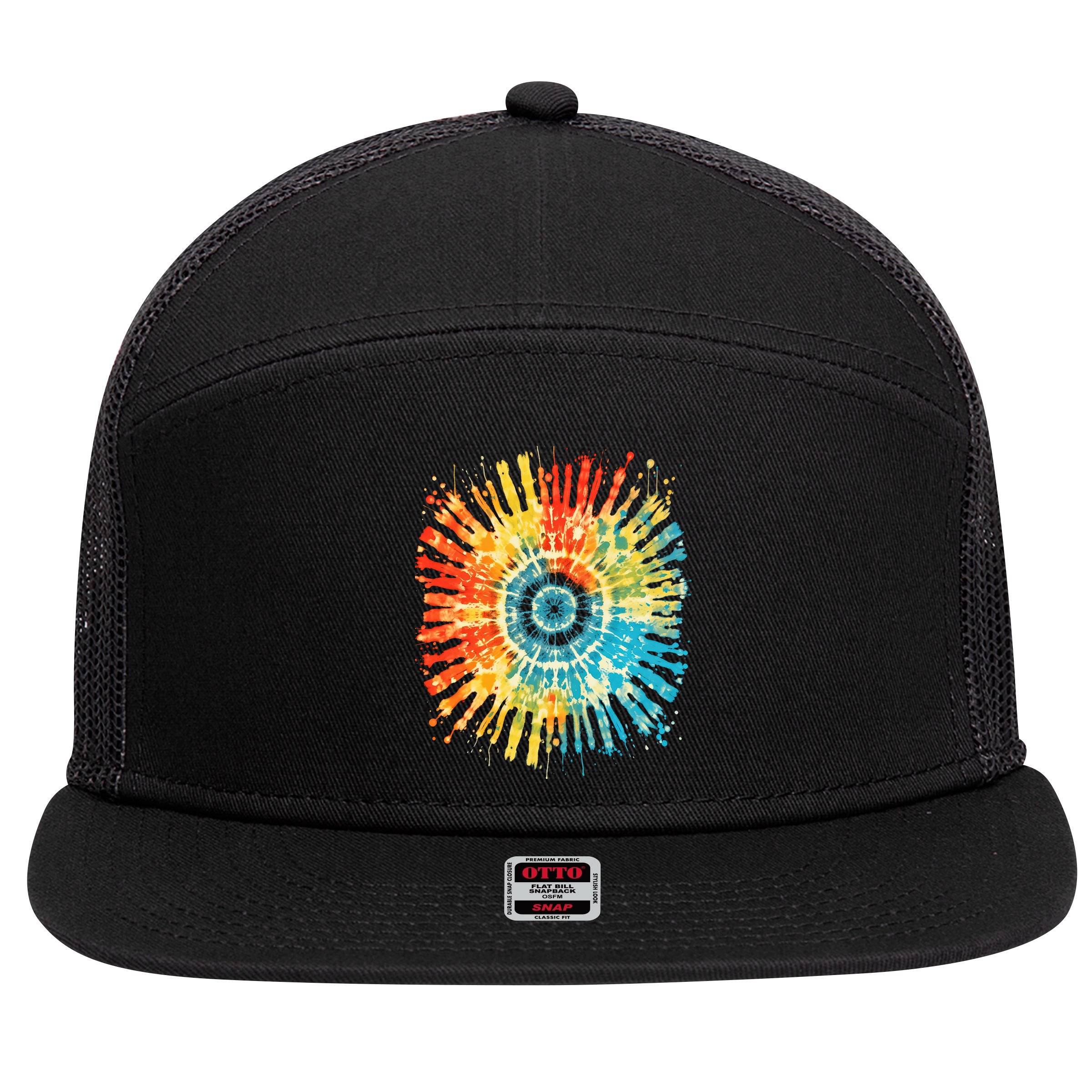 Retro Tie Dye 60s 70s Hippie Aesthetic Graphic Art 100 7 Panel Mesh Trucker Snapback Hat