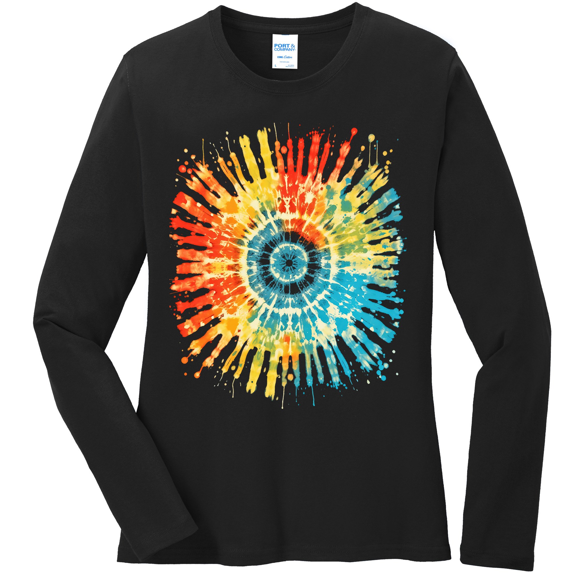 Retro Tie Dye 60s 70s Hippie Aesthetic Graphic Art 100 Ladies Long Sleeve Shirt